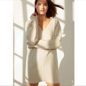 Anthropologie Chrissy Sweater Dress Tan Knit V Neck Long Sleeve Size M